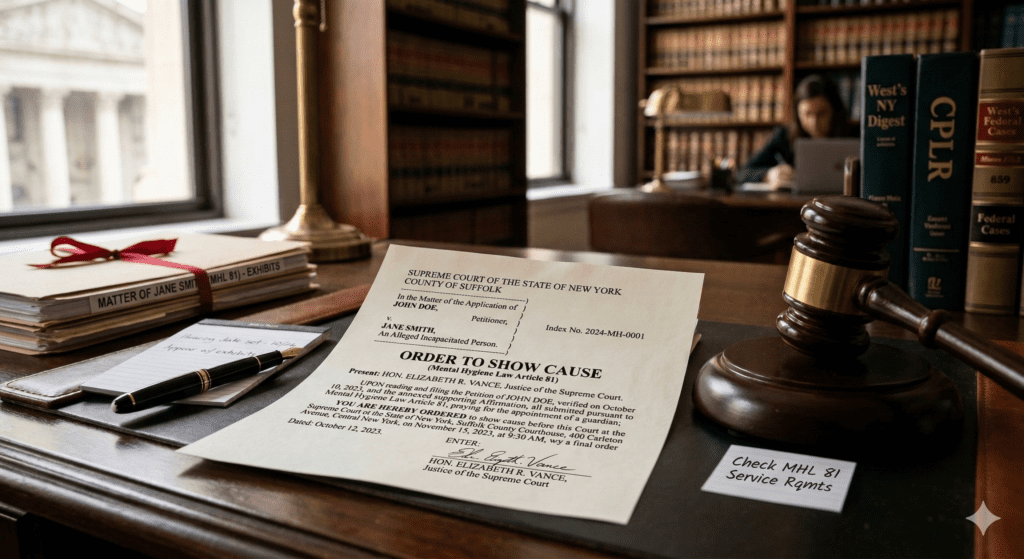 Order to Show Cause document next to a judge's gavel representing an Article 81 guardianship hearing in New York